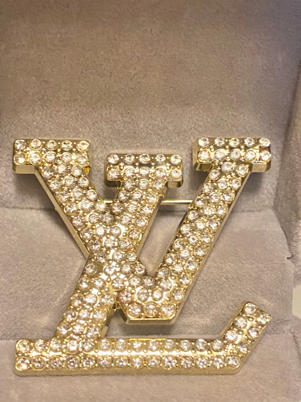Louis Vuitton Gold Crystal-Studded LV Logo Brooch